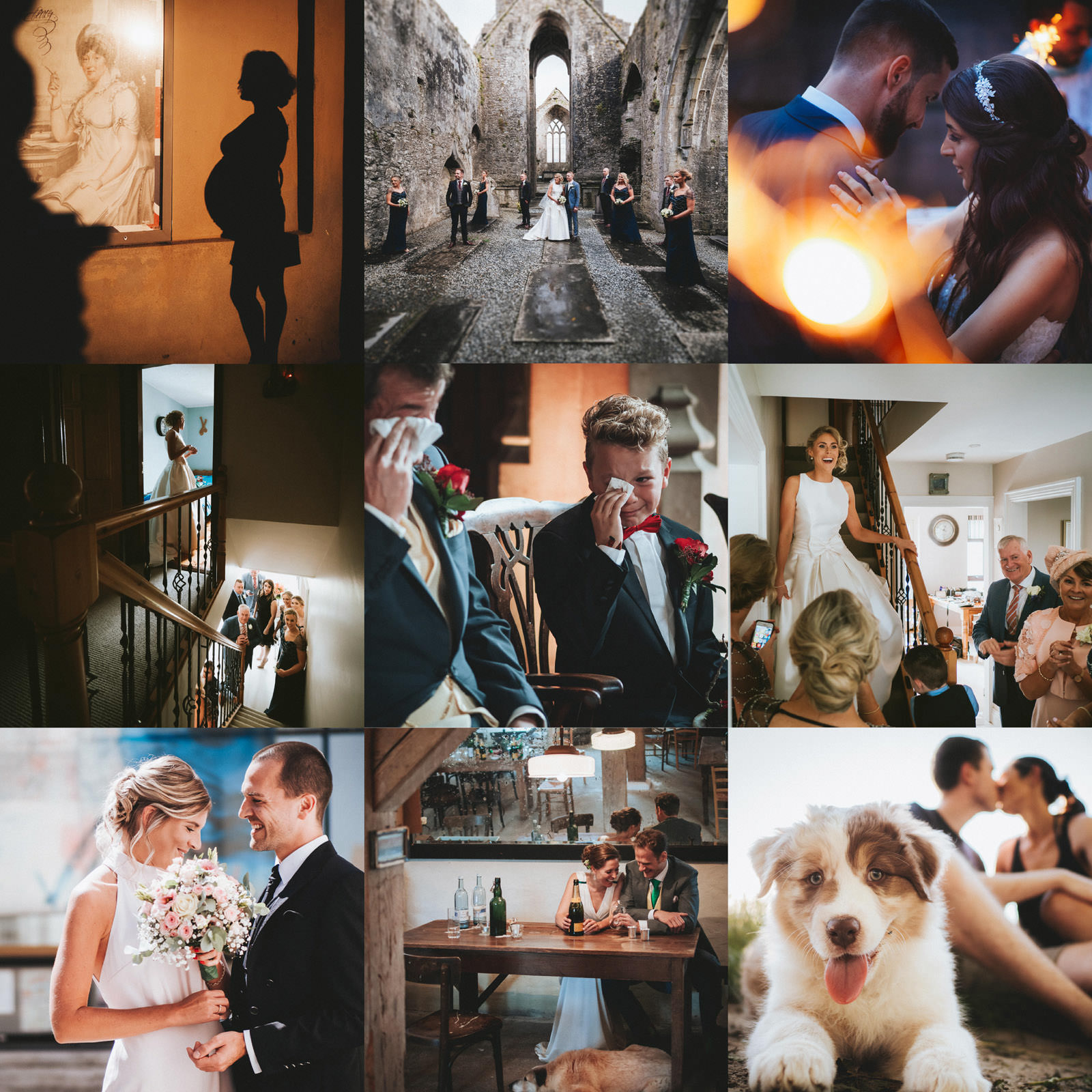 Collage Bridal Rush BestNine 2021 on Instagram - baby bump, wedding in Ireland, wedding in Frankfurt, wedding in Kronberg, wedding in Würzburg, photo with dog - wedding photographer Germany Brautrausch