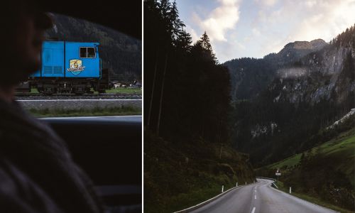 Fotos aus dem fahrenden Auto: fahrende Zillertalbahn und Straße kurz vor Ginzling