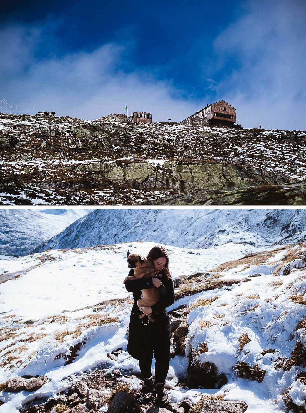 Oben auf dem Berg ist die Olpererhütte auf 2.389m zu sehen. Unten trägt Fotografin Saja den Mops-Mix Hugo, der eigentlich weniger müde ist als sie.