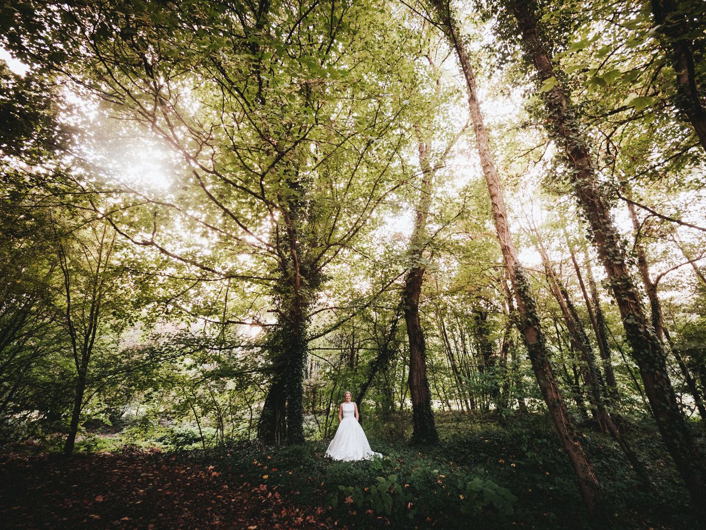 Bride standing in the forest with her hands in the pockets of her wedding dress, wide angle photo with tall trees against the light - wedding photos Schloss Saareck